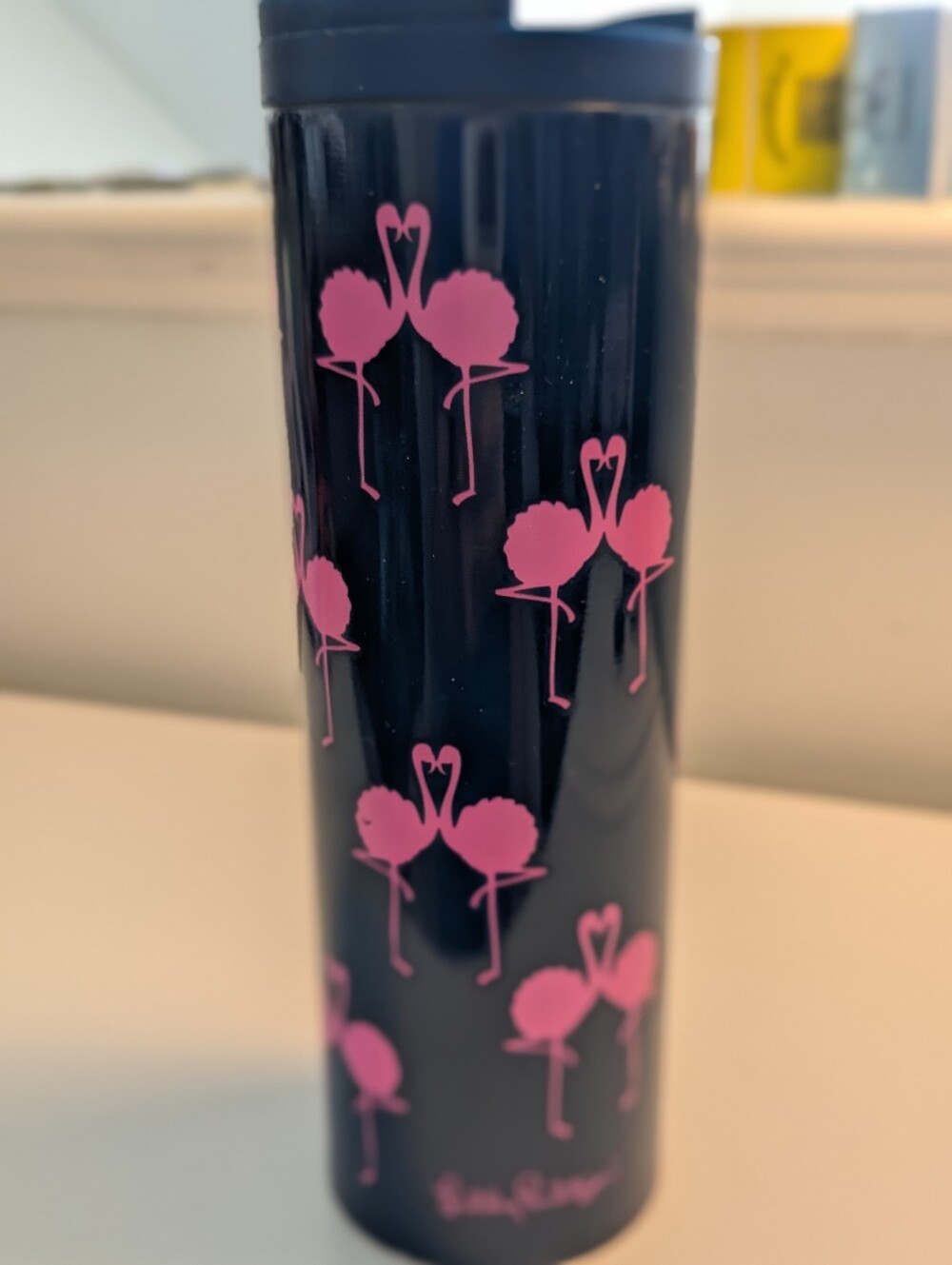 Lilly Pulitzer Navy Bottle with Pink Flamingo Print